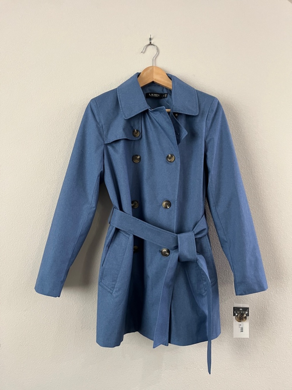 Lauren Ralph Lauren Dusty Blue Double-Breasted Trench Coat with Belt Size S